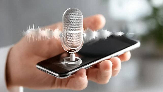 Hand Holding Smartphone with Microphone and Sound Wave Graphics