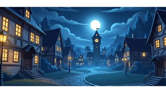 Enchanted Village at Night Cinematic Shot, Full Moon and Clock Tower, Mystical Ambiance, Fantasy Concept