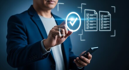 Businessman touching virtual tick for document verification