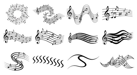 Abstract Music Notes and Flowing Wave Stave Set