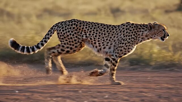 Cheetah running at high speed on a dusty plain, kicking up dirt