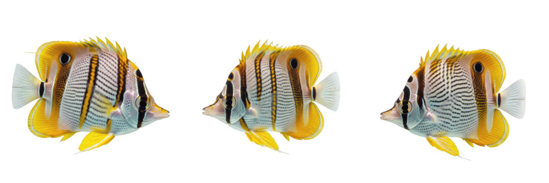 Butterflyfish Chaetodontidae isolated on white background, tropical marine saltwater ornamental coral reef aquarium fish reef species vibrant reef tank cutout image