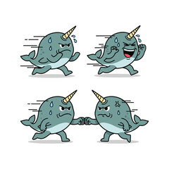 Cartoon narwhals dancing and fighting together in a fun and playful style © Tahmina