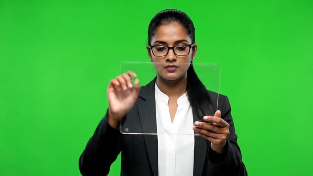 Businesswoman Gesturing with Smartphone Green Screen.