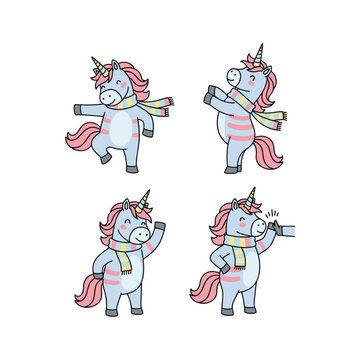Cartoon unicorns exercising and dancing with dumbbells in a minimalist style