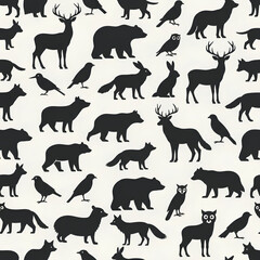 Obraz premium Seamless Pattern of Diverse Wildlife Silhouettes on a Textured Background 1.