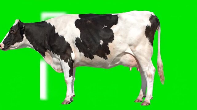 Cow Standing Against Green Background.