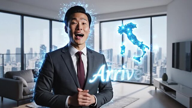 A businessman waves hello with a holographic Flag of Italy and greeting.