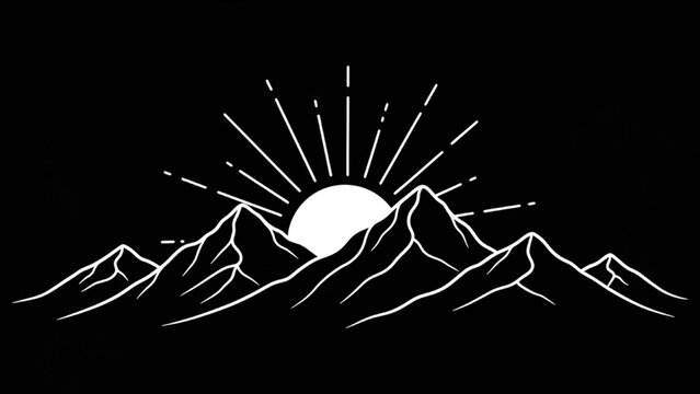 High-quality line art of mountain range with rising sun, serene landscape scene