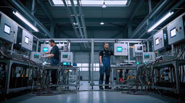 Two technicians monitoring rows of control panels and cable harnesses in industrial plant, checking telemetry and diagnostics, ensuring system stability and safety during routine maintenance