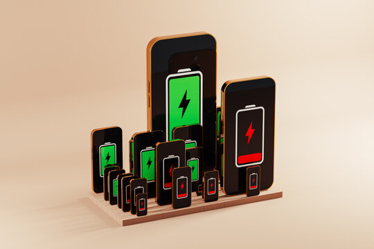 Battery levels displayed on multiple mobile phone screens in a row