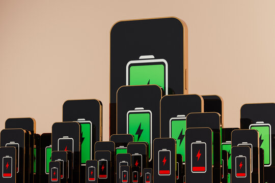 Battery levels displayed on multiple mobile phone screens in a row