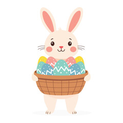 A cute cartoon bunny holding a woven basket filled with colorful, patterned Easter eggs, presented against a clean white background with a cheerful and festive mood