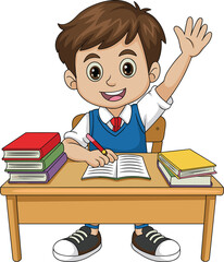 Enthusiastic School Boy Raising Hand at Desk with Books on a White Background, Concept of Classroom Participation, Academic Success, Early Childhood Education, and Student Learning Vector Illustration