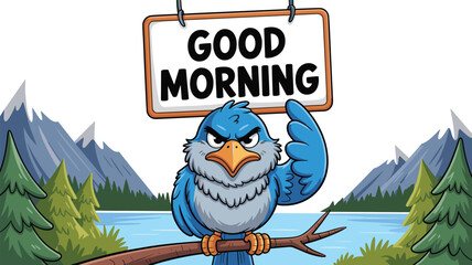 Grumpy Blue Bird Perched on a Branch with Good Morning Sign and Mountain  Daily Greetings, Whimsical Wildlife Irony, Playful Morning Motivation, and Vibrant Nature Vector Illustration © Shilpi