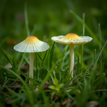 Shallow depth of field chlorophyllum molybdites or green-spored parasol and vomiter growing in the grass field. (Poisonous mushroom)