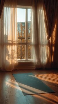 Warm sunlight through window curtains, cozy home interior, golden hour glow, peaceful morning ambiance, soft light decor scene.