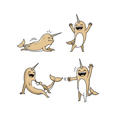Cartoon narwhals showing emotions and having fun in various poses © MinaStock