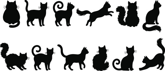 Cat silhouettes collection featuring playful, sitting, jumping and fluffy feline poses isolated on white background, black vector illustration set for pet and animal design © parves's world