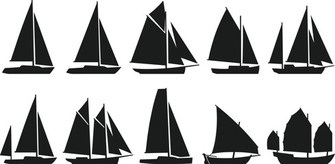 Sailboat silhouettes collection featuring classic sailing yachts and traditional boats isolated on white background, black vector illustration set for nautical and marine design © parves's world