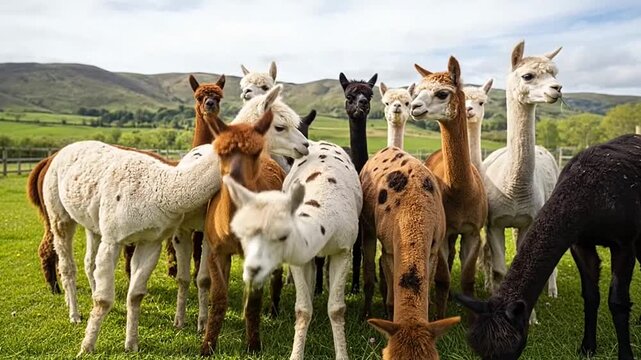 Diverse group of alpacas and a small donkey standing peacefully in a vibrant green field.