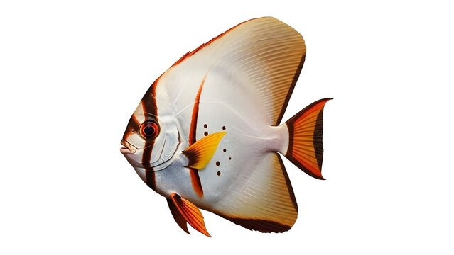 Side view of a beautiful silver batfish with orange fins and vertical stripes swimming in clear water