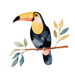 Fototapeta premium Vibrant Watercolor Toucan Bird Perched on Tropical Branch Illustration.
