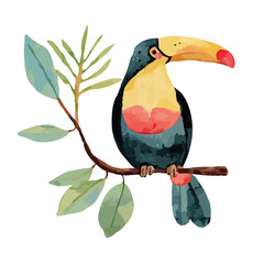Fototapeta premium Vibrant Watercolor Toucan Bird Perched on Tropical Branch Illustration 1.
