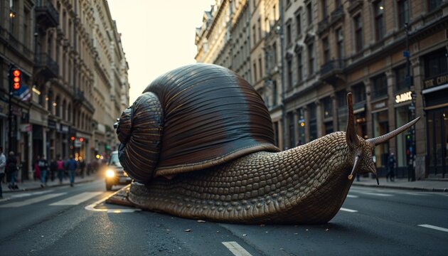 Surreal Giant Snail Crawling Down a Busy City Street at Sunset