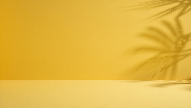 Sunny yellow studio background with palm leaf shadow, clean empty space