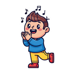 Fototapeta premium Cheerful young boy enthusiastically singing while running in place