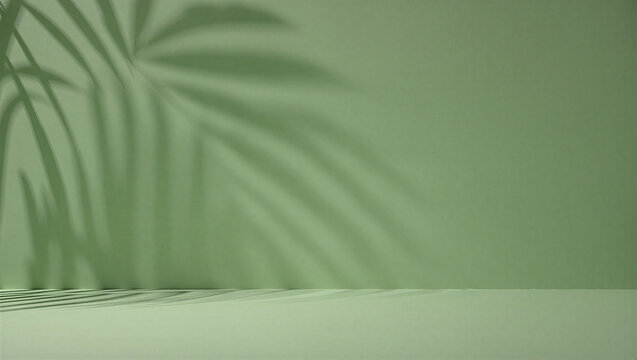 Sage green studio interior with palm leaf shadow, empty minimalist background