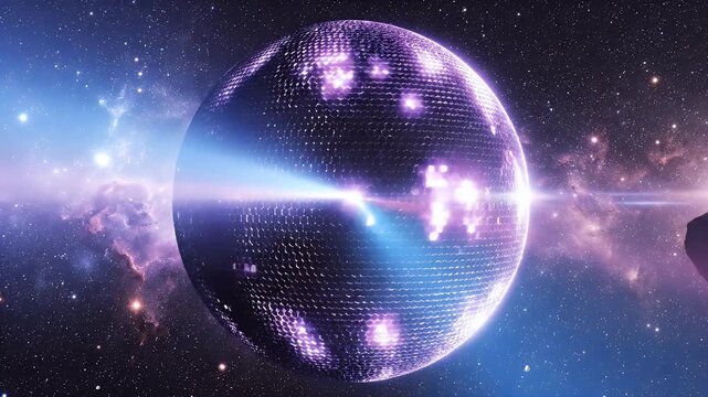 A shimmering disco ball hangs in a colorful nebula filled with stars