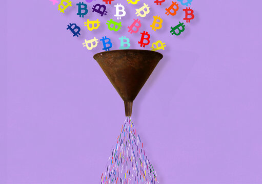 Colorful Bitcoin Symbols Being Ground Down in Funnel