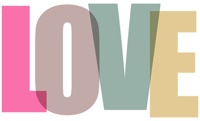 A vibrant and modern typographic representation of the word "LOVE" is displayed with stylish, overlapping, semi-transparent block letters in a contemporary design. This artistic illustration