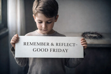 Young boy holding a sign remembering and reflecting on good friday