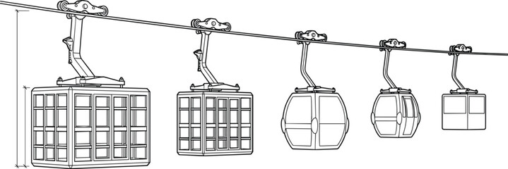 Cable Car Gondola Line Drawing Illustration Showing Mountain Transport System, Aerial Ropeway Cabins, Ski Resort Lift and Tourism Transportation Concept © Tasnim