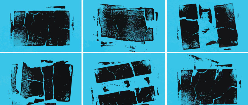 Linocut stamp texture collection. Grunge urban backgrounds set. Rough black ink roller textures. Hand drawn black paint stamp on bright blue bg. Street art distress overlay. Lino ink grungy remains. 