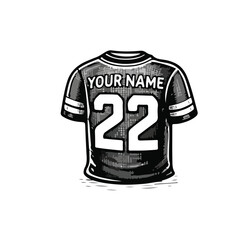 Hand-drawn American football jersey with number 22 in vintage sketch style, detailed black and white sports apparel illustration isolated on white.