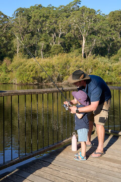Dad teaching son Fishing on Wooden Deck Surrounded by Greenery
