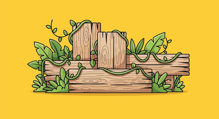 Blank wood signpost with jungle plant and vine vector © Husmath