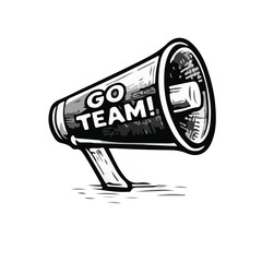 Hand-drawn megaphone illustration in black and white sketch style representing cheering and fan support isolated on white.
