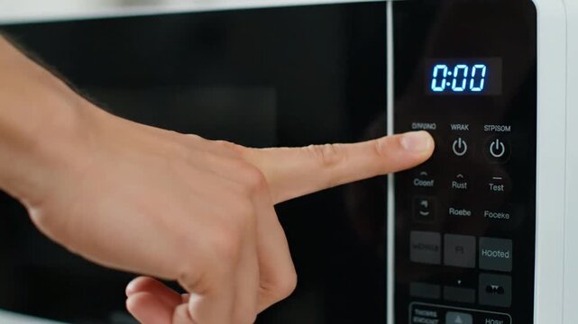 Close-up of hand pressing microwave button.