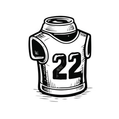 Hand-drawn American football jersey with number 22 in vintage sketch style, detailed black and white sports apparel illustration isolated on white.