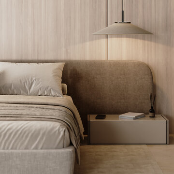 Luxury bedroom interior with wooden panels and beige tones