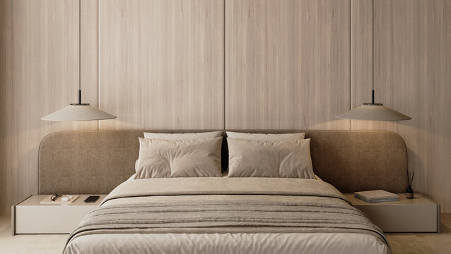 Fancy bedroom interior with a bed and wooden wall panels