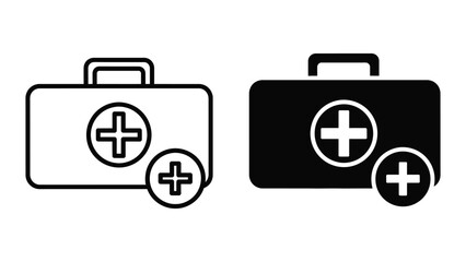 Obraz premium First Aid Medical Kit Icon Set with Plus Sign: Outline and Filled Vector for Health and Emergency