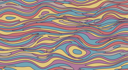 Colorful abstract psychedelic pattern with flowing wavy lines in shades of blue, pink, yellow, and purple creating a marble liquid effect.