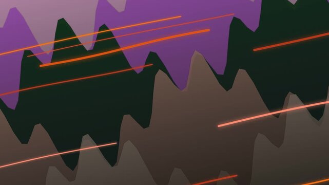 Abstract digital art featuring undulating waves of purple, dark green, and brown with glowing orange lines creating a dynamic, futuristic aesthetic.