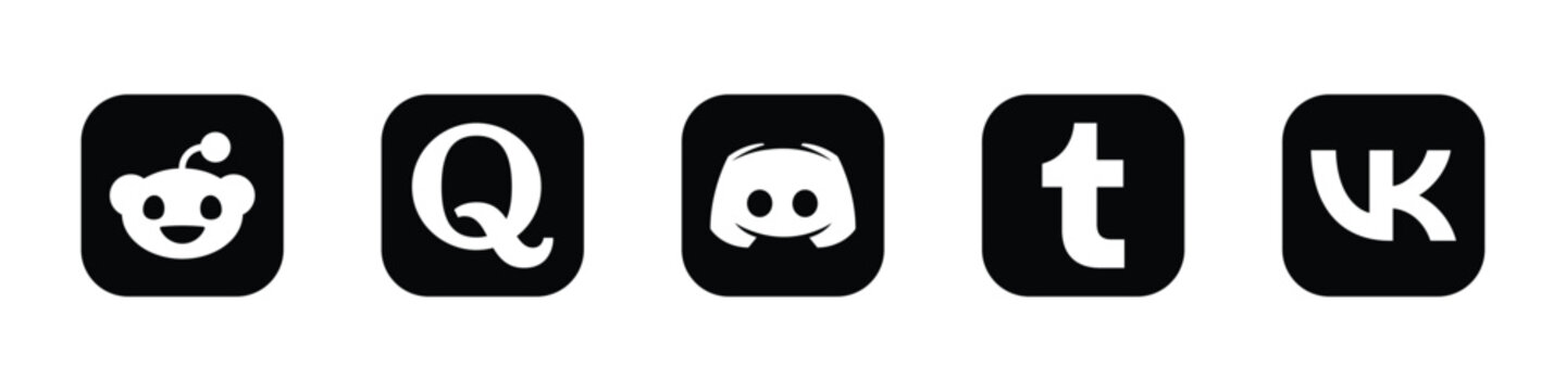 reddit quora discord tumblr vk black social media app icon minimal square vector set